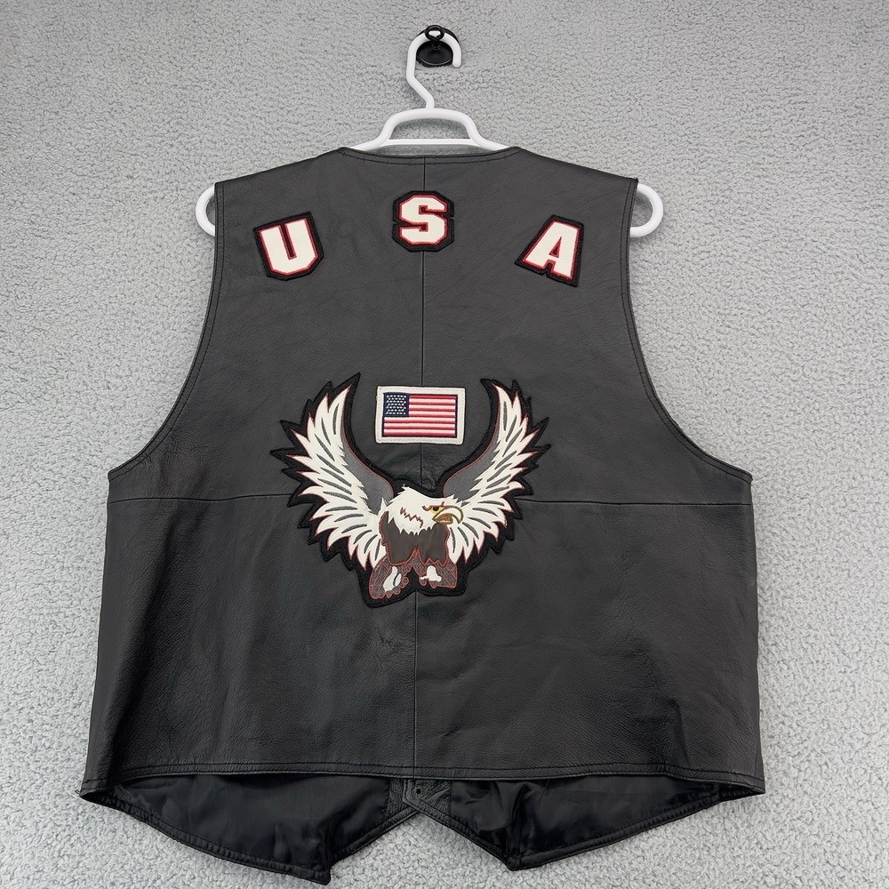 USA Leather Motorcycle Vest Men's 5XL Black Eagle Biker Snap Front Leather Vest - Picture 14 of 14
